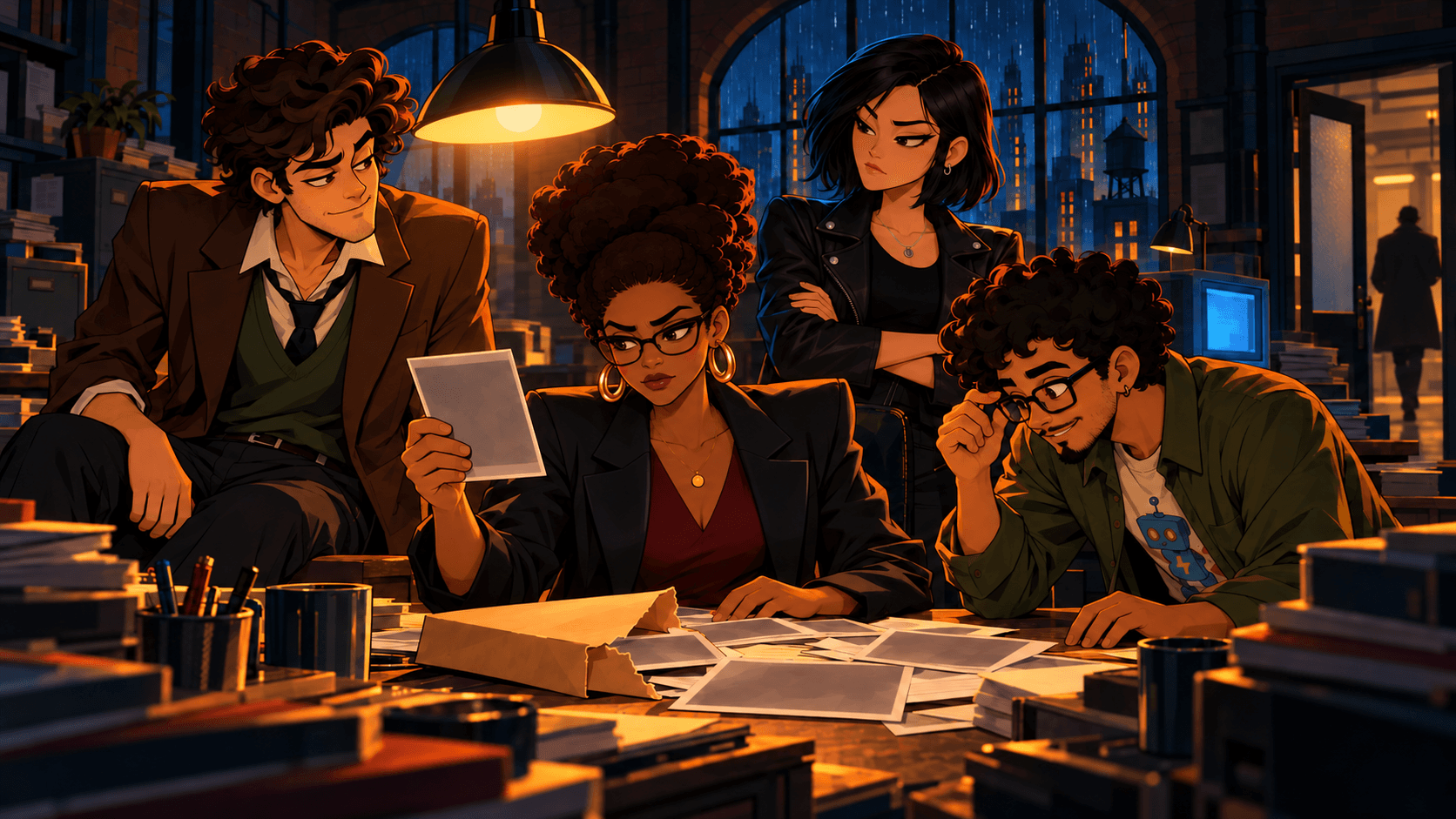 Silas, Aisha, Mateo, and Kai in the Daily Quip newsroom