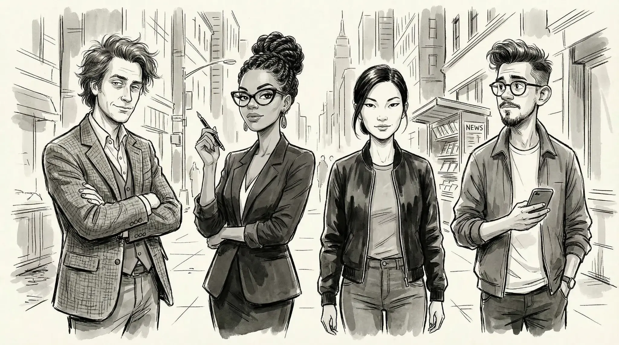 The Daily Quip staff — Silas, Aisha, Kai, and Mateo