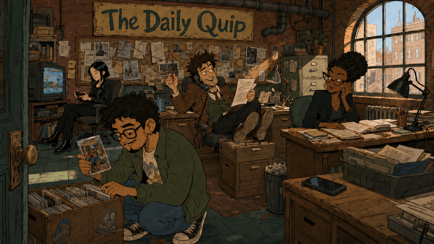 The Daily Quip staff — Silas, Aisha, Kai, and Mateo